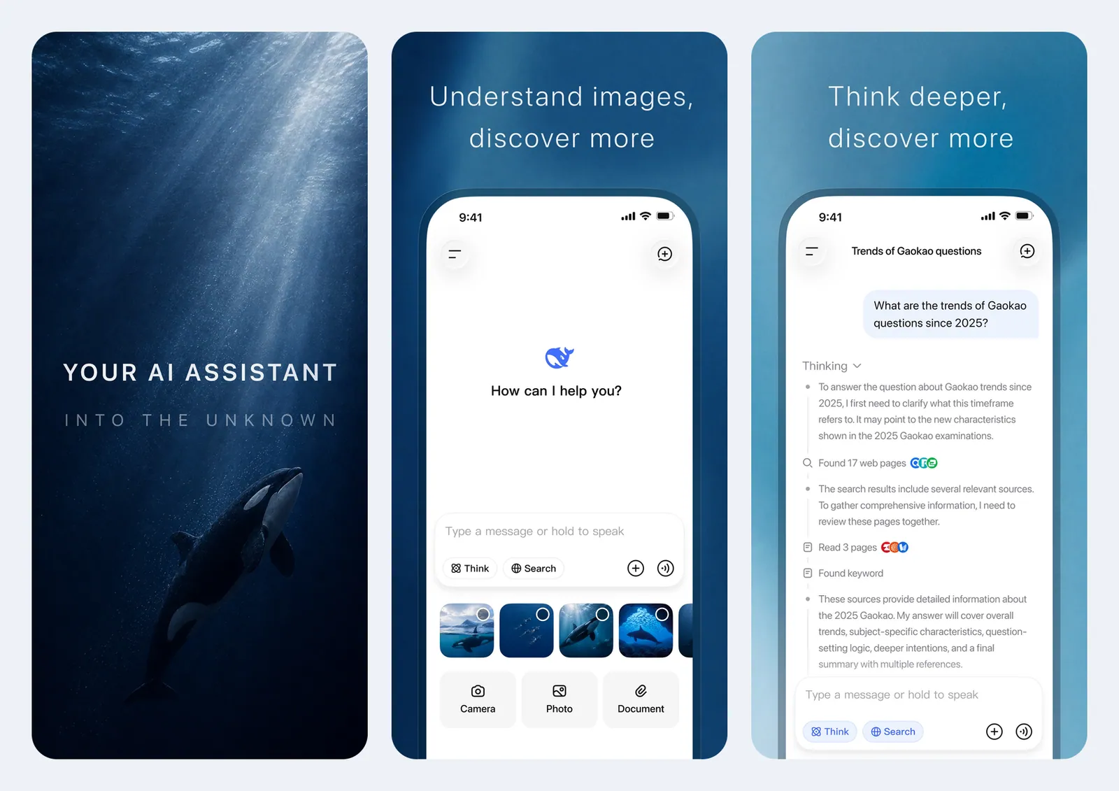 Screenshot resmi aplikasi DeepSeek di App Store: layar sambutan "How can I help you?" dengan kolom ketik, tombol Think dan Search, menu Camera, Photo, Document, serta contoh jawaban yang menampilkan proses Thinking dan sumber web