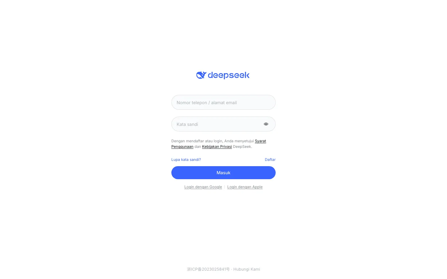 Halaman masuk DeepSeek di chat.deepseek.com dalam bahasa Indonesia: kolom Nomor telepon / alamat email dan Kata sandi, tombol biru Masuk, tautan Daftar, serta pilihan Login dengan Google dan Login dengan Apple