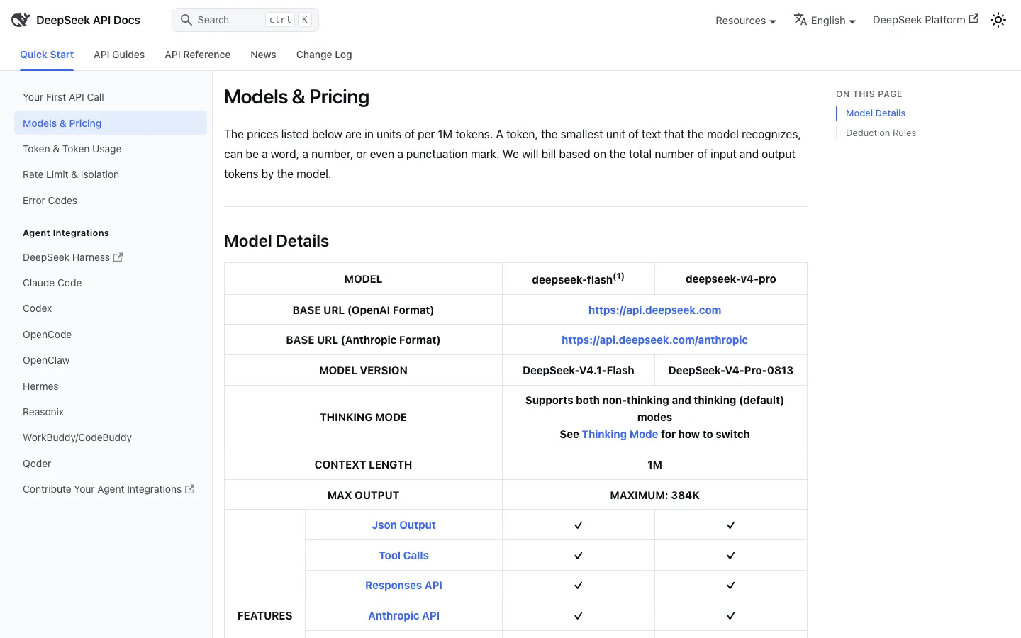 Halaman Models & Pricing di dokumentasi API resmi DeepSeek: tabel dua model, deepseek-flash (DeepSeek-V4.1-Flash) dan deepseek-v4-pro (DeepSeek-V4-Pro-0813), dengan context length 1M dan output maksimal 384K