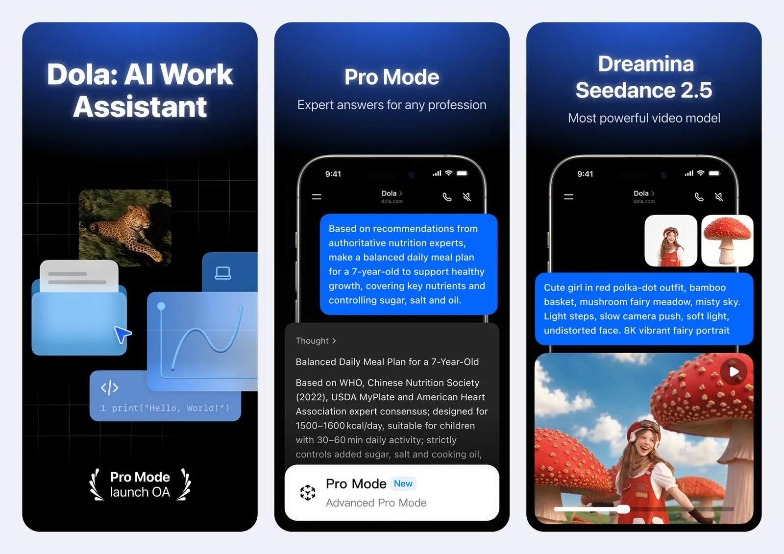 Tiga screenshot resmi aplikasi Dola di App Store: halaman Dola AI Work Assistant, layar chat Pro Mode dengan bagian Thought dan label New, serta layar pembuatan video Dreamina Seedance 2.5 dari dua foto referensi