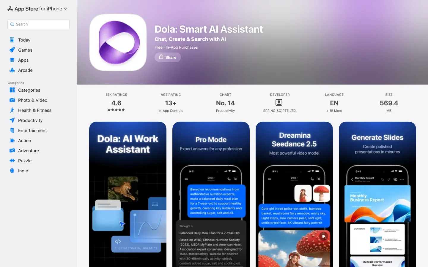 Halaman App Store Indonesia untuk Dola: Smart AI Assistant, berlabel Free dan In-App Purchases, rating 4,6 dari 12 ribu penilaian, peringkat 14 kategori Productivity, ukuran 569,4 MB