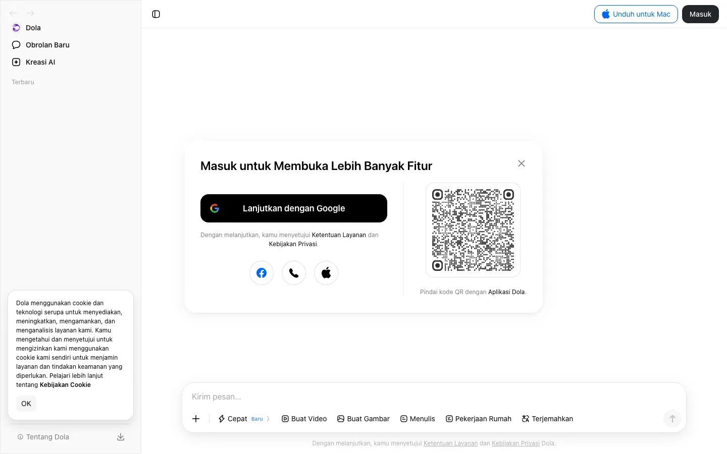 Halaman dola.com/chat yang dibuka tanpa login: sidebar kiri berisi Obrolan Baru dan Kreasi AI, pop-up Masuk untuk Membuka Lebih Banyak Fitur dengan tombol Google, Facebook, telepon, Apple, dan kode QR, serta kolom Kirim pesan dengan pintasan Cepat, Buat Video, Buat Gambar, Menulis, Pekerjaan Rumah, dan Terjemahkan