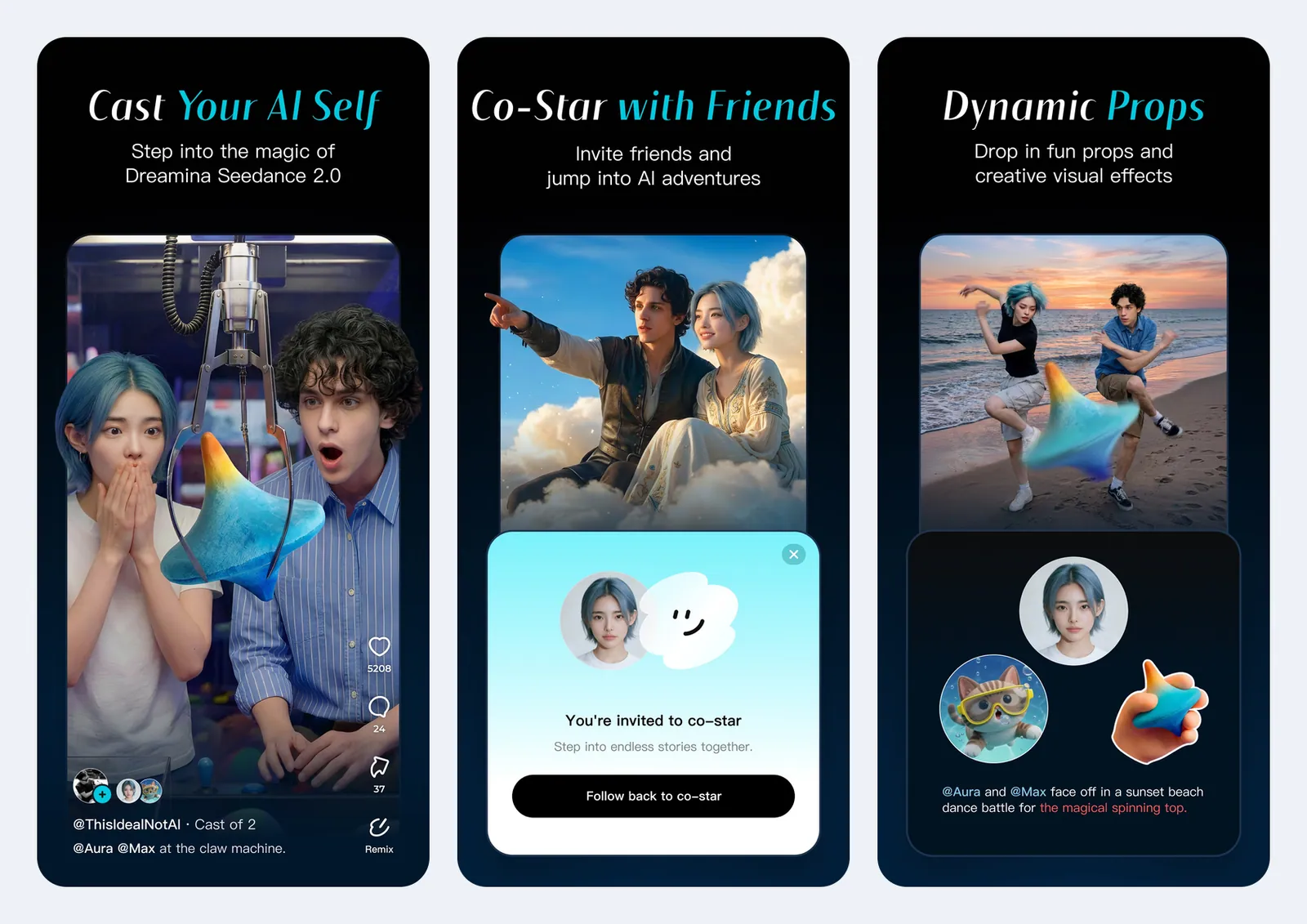 Tiga screenshot resmi aplikasi Dreamina di App Store: Cast Your AI Self dengan Dreamina Seedance 2.0, Co-Star with Friends dengan undangan You're invited to co-star, dan Dynamic Props berisi efek visual seperti gasing biru