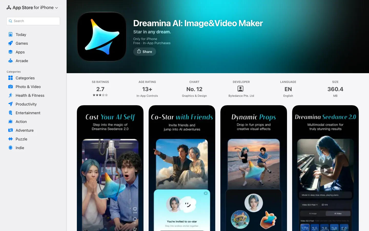 Halaman App Store untuk Dreamina AI: Image&Video Maker dengan rating 2,7 dari 58 rating, usia 13+, peringkat No. 12 Graphics & Design, bahasa EN, ukuran 360,4 MB, dan screenshot fitur Cast, Co-Star, Props, serta Seedance 2.0