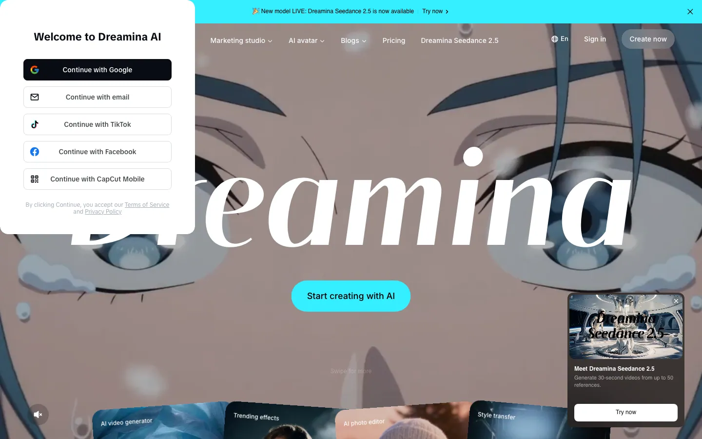 Halaman depan Dreamina tanpa login: banner biru muda Seedance 2.5, menu Marketing studio, AI avatar, Blogs, Pricing, tombol Create now, tulisan besar Dreamina, tombol Start creating with AI, deretan kartu AI video generator, Trending effects, AI photo editor, dan Style transfer, serta panel masuk di kiri