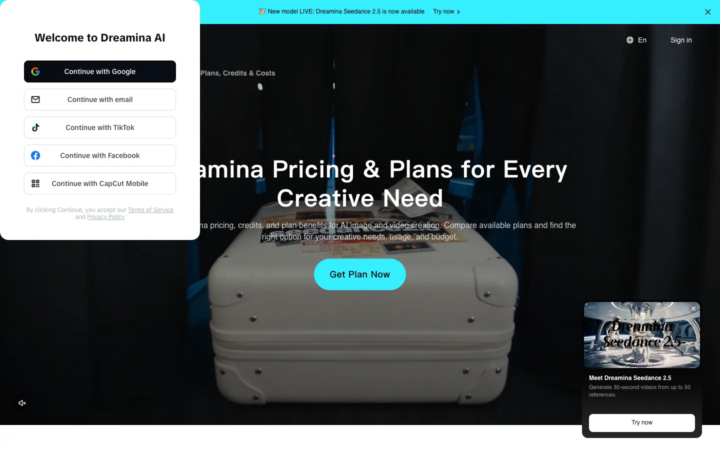 Halaman harga resmi Dreamina (dreamina.capcut.com/pricing/dreamina-price) dengan judul Dreamina Pricing & Plans for Every Creative Need, tombol Get Plan Now, dan panel masuk Welcome to Dreamina AI di sisi kiri yang muncul untuk pengunjung yang belum login