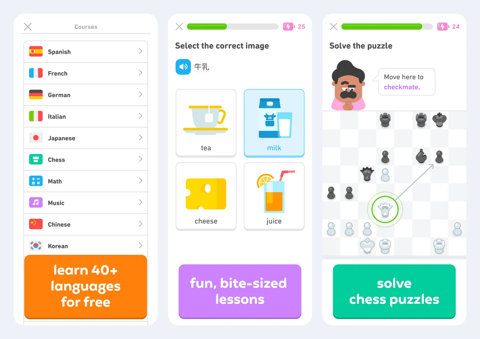 Screenshot resmi Duolingo di App Store: daftar kursus (Spanish, French, German, Italian, Japanese, Chess, Math, Music, Chinese, Korean), soal "Select the correct image" dengan pilihan tea, milk, cheese, dan juice, serta teka-teki catur "Solve the puzzle"