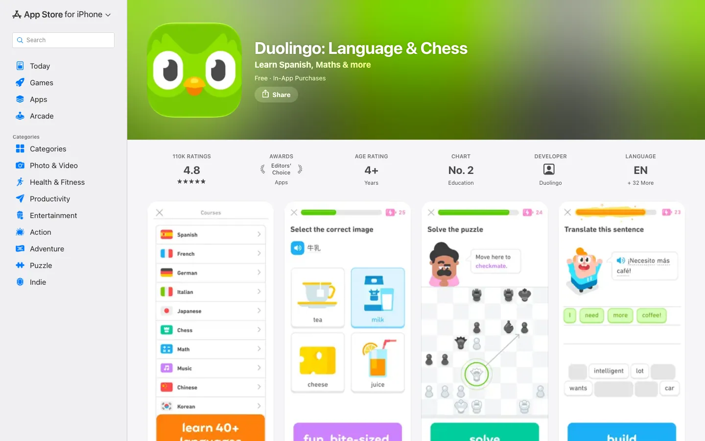 Halaman App Store Indonesia untuk Duolingo: Language and Chess dengan rating 4,8 dari 110 ribu rating, penghargaan Editors' Choice, peringkat No. 2 kategori Education, usia 4+, dan bahasa EN plus 32 bahasa lain