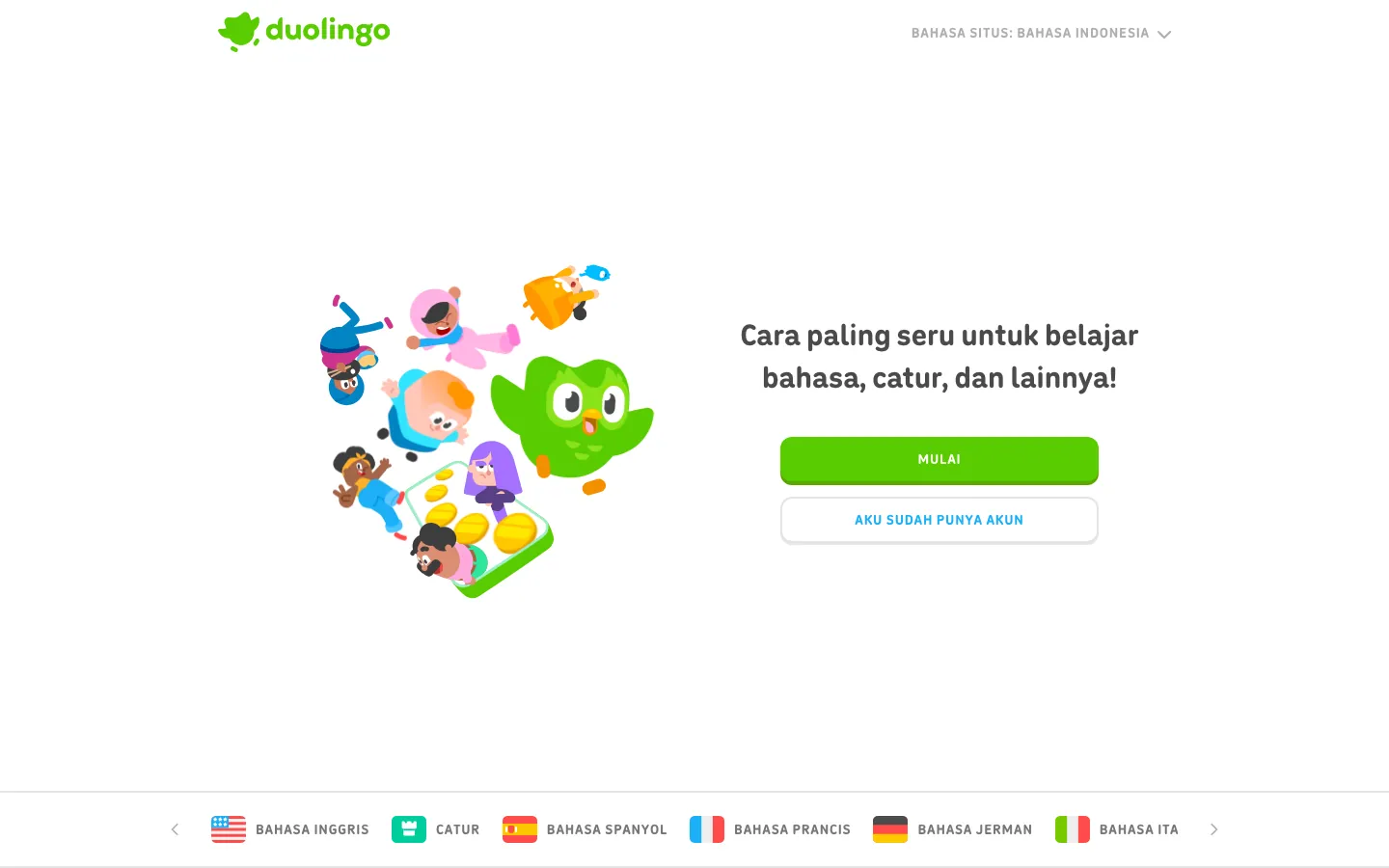 Halaman depan duolingo.com dalam Bahasa Indonesia: ilustrasi maskot Duo dan karakter-karakter Duolingo, judul "Cara paling seru untuk belajar bahasa, catur, dan lainnya!", tombol hijau MULAI, tombol AKU SUDAH PUNYA AKUN, dan deretan pilihan kursus di bagian bawah