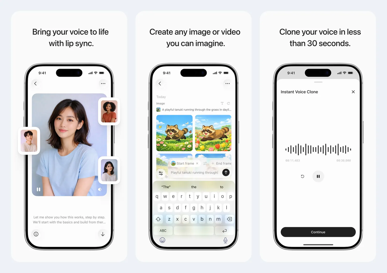Screenshot resmi aplikasi ElevenLabs di App Store: fitur lip sync dengan foto wajah, pembuatan gambar dan video dari prompt dengan bingkai awal dan akhir, serta layar Instant Voice Clone dengan gelombang suara dan perekam 30 detik