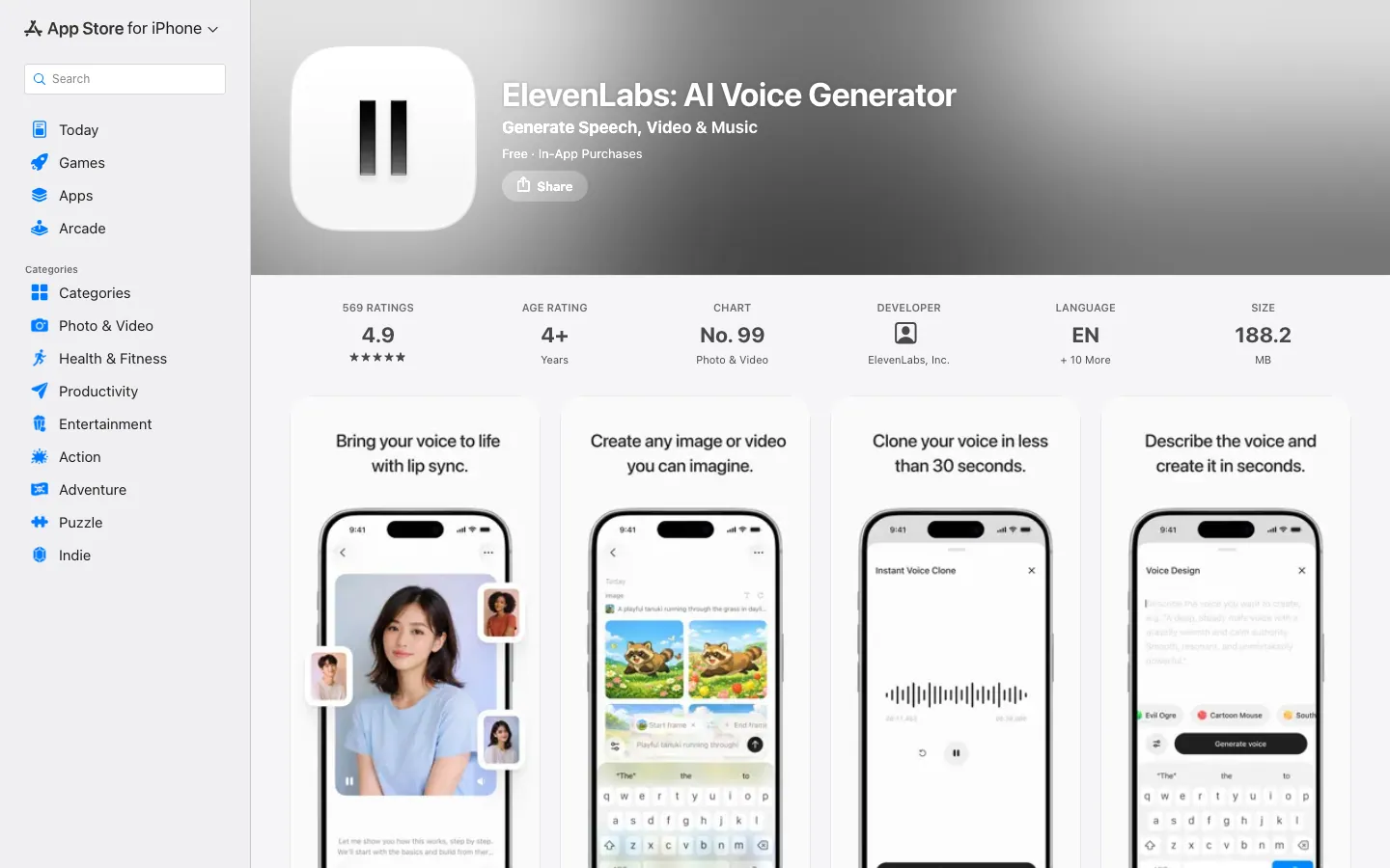 Halaman App Store Indonesia untuk aplikasi ElevenLabs: AI Voice Generator, gratis dengan pembelian dalam aplikasi, rating 4,9 dari 569 penilaian, usia 4+, peringkat 99 kategori Photo & Video, ukuran 188,2 MB