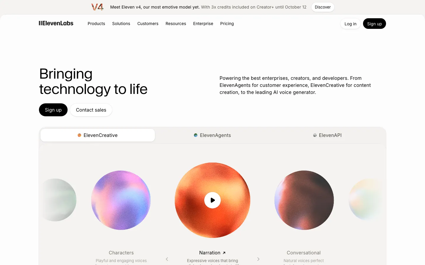 Halaman depan ElevenLabs tanpa login: judul "Bringing technology to life", tombol Sign up dan Contact sales, tab ElevenCreative, ElevenAgents, dan ElevenAPI, serta bola-bola warna untuk memutar contoh suara kategori Characters, Narration, dan Conversational