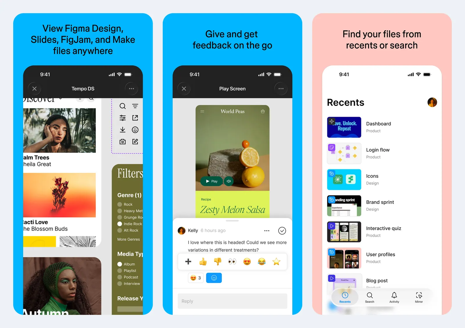 Screenshot resmi aplikasi Figma di App Store: membuka file Figma Design, Slides, FigJam, dan Make; memutar prototipe sambil membaca komentar rekan tim; serta daftar file terbaru dengan menu Recents, Search, Activity, dan Mirror di bawah