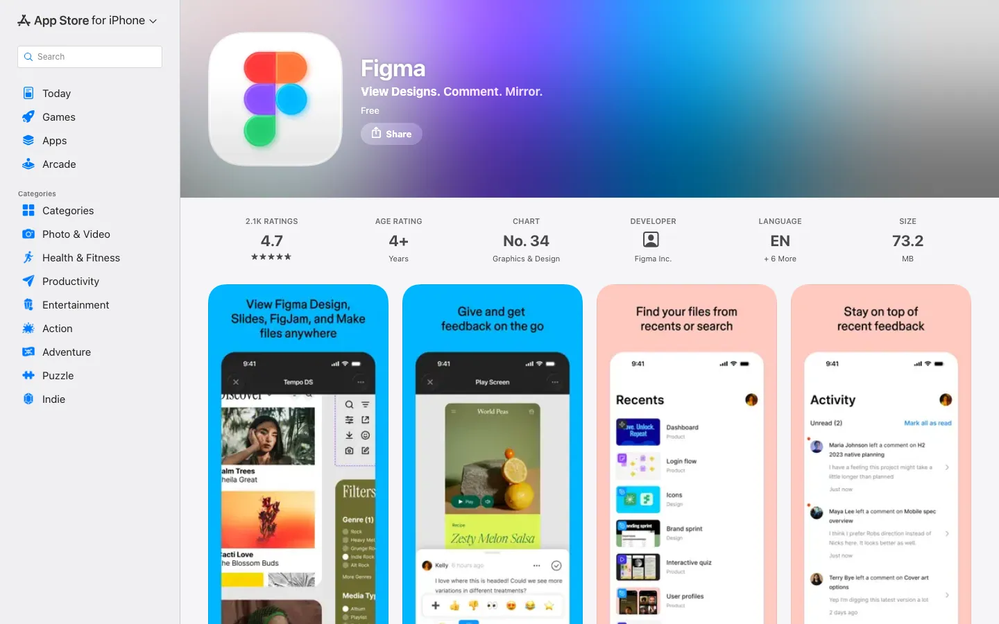 Halaman App Store Indonesia untuk aplikasi Figma: gratis, rating 4,7 dari sekitar 2.100 penilaian, peringkat 34 di kategori Graphics & Design, ukuran 73,2 MB