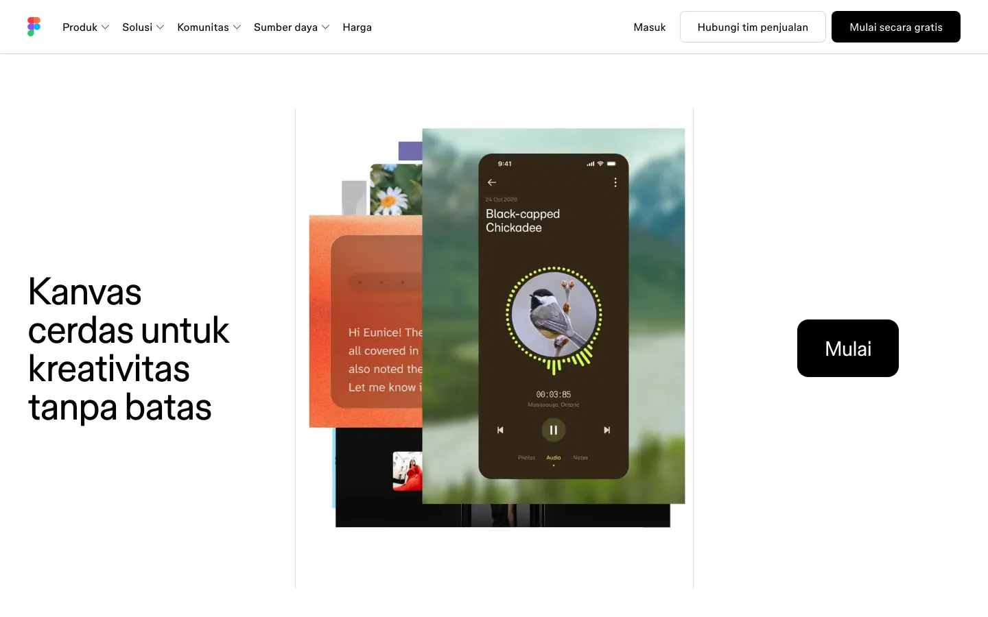 Halaman depan Figma versi Indonesia: judul besar "Kanvas cerdas untuk kreativitas tanpa batas", tumpukan contoh desain layar aplikasi di tengah, tombol "Mulai" di kanan, serta tombol "Masuk" dan "Mulai secara gratis" di pojok kanan atas