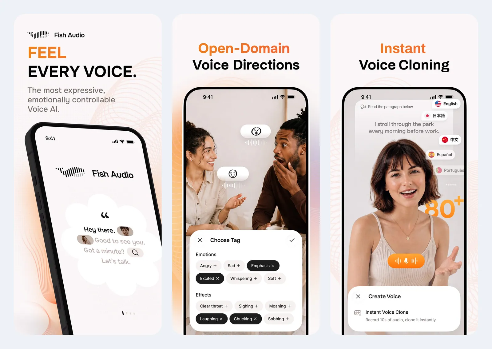 Tiga screenshot resmi aplikasi Fish Audio di App Store: layar pembuka "Feel every voice", panel Choose Tag berisi tag emosi (Angry, Sad, Emphasis, Excited, Whispering) dan efek (Laughing, Sighing, Sobbing), serta layar Instant Voice Clone yang meminta rekaman 10 detik