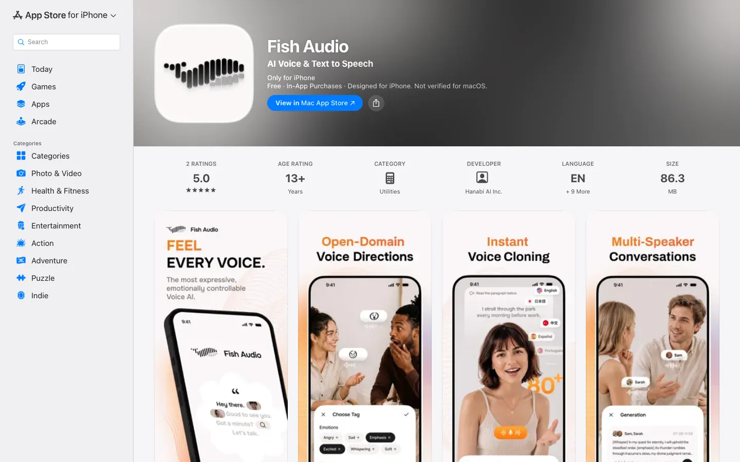 Halaman App Store Indonesia untuk aplikasi Fish Audio: label Only for iPhone, rating 5.0 dari 2 penilaian, usia 13+, kategori Utilities, ukuran 86,3 MB, dan deretan screenshot fitur tag suara, kloning instan, serta percakapan multi-pembicara