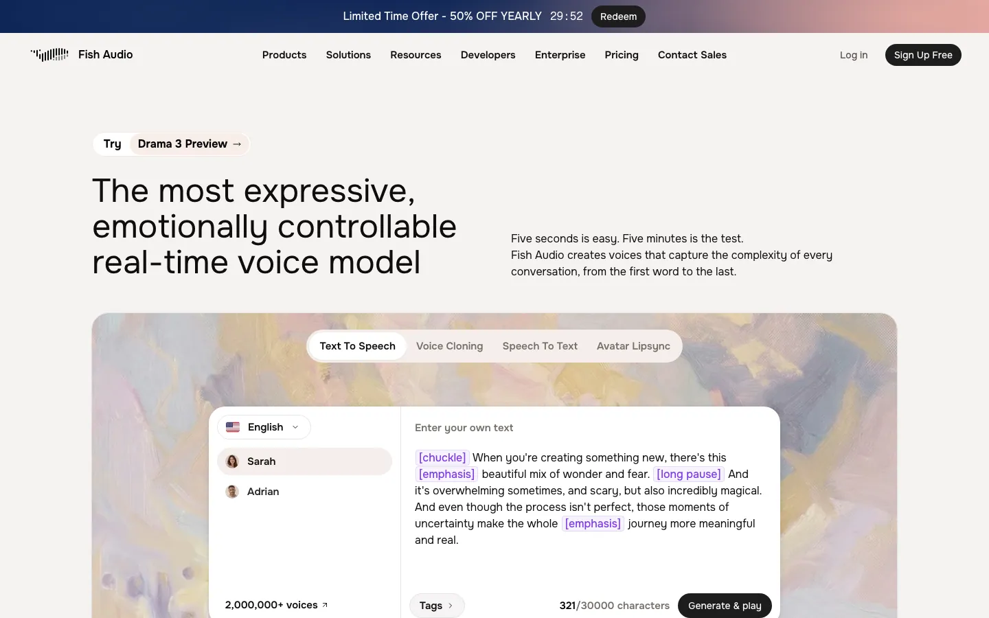 Halaman depan fish.audio: banner promo tahunan di atas, judul "The most expressive, emotionally controllable real-time voice model", dan panel demo dengan tab Text To Speech, Voice Cloning, Speech To Text, Avatar Lipsync, pilihan suara Sarah dan Adrian, teks contoh bertag ungu, serta tombol Generate & play