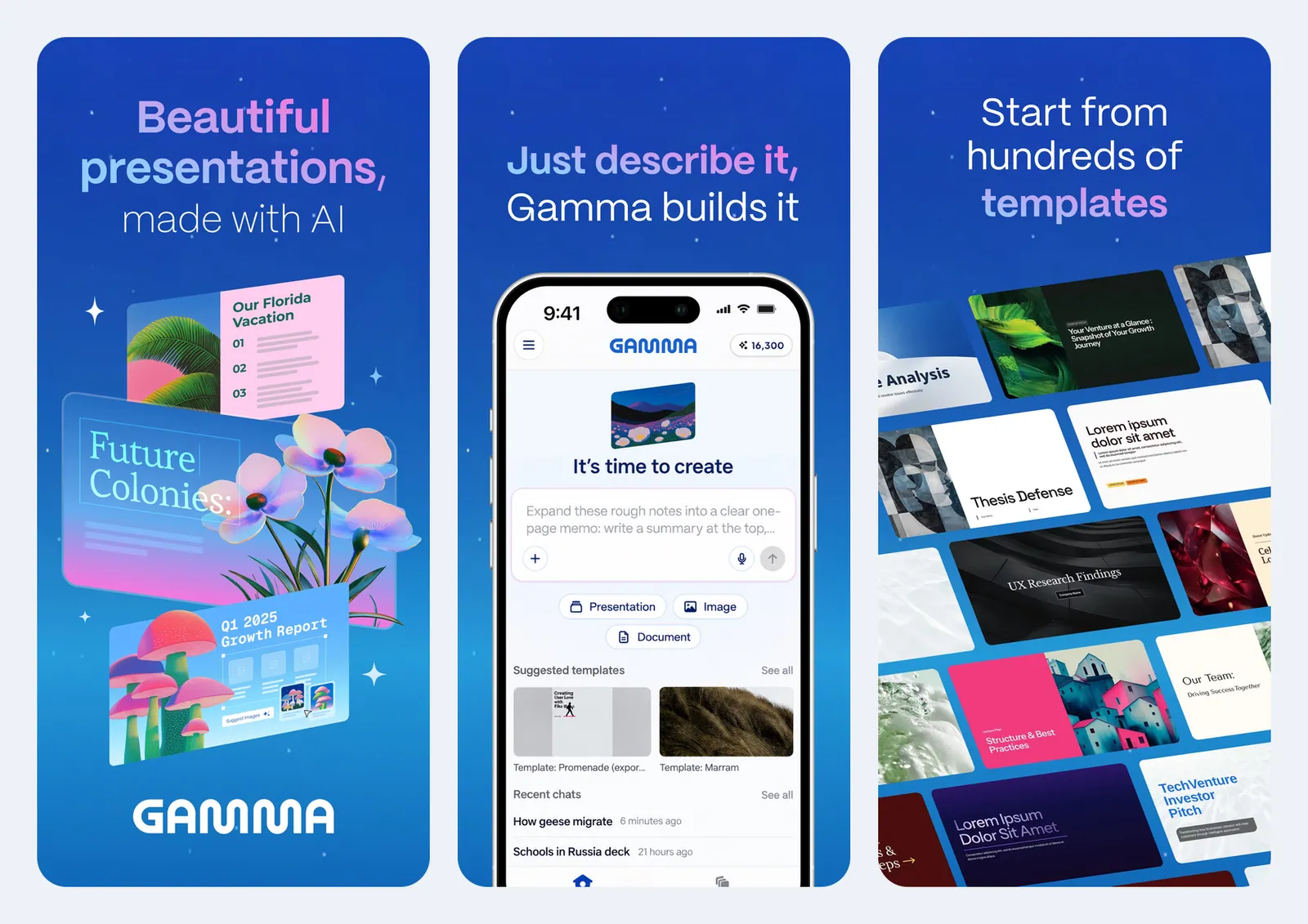 Tiga screenshot resmi aplikasi Gamma: contoh slide bergaya ilustrasi, layar ponsel "It's time to create" dengan kotak prompt dan tombol Presentation, Image, Document, serta deretan template seperti Thesis Defense dan UX Research Findings