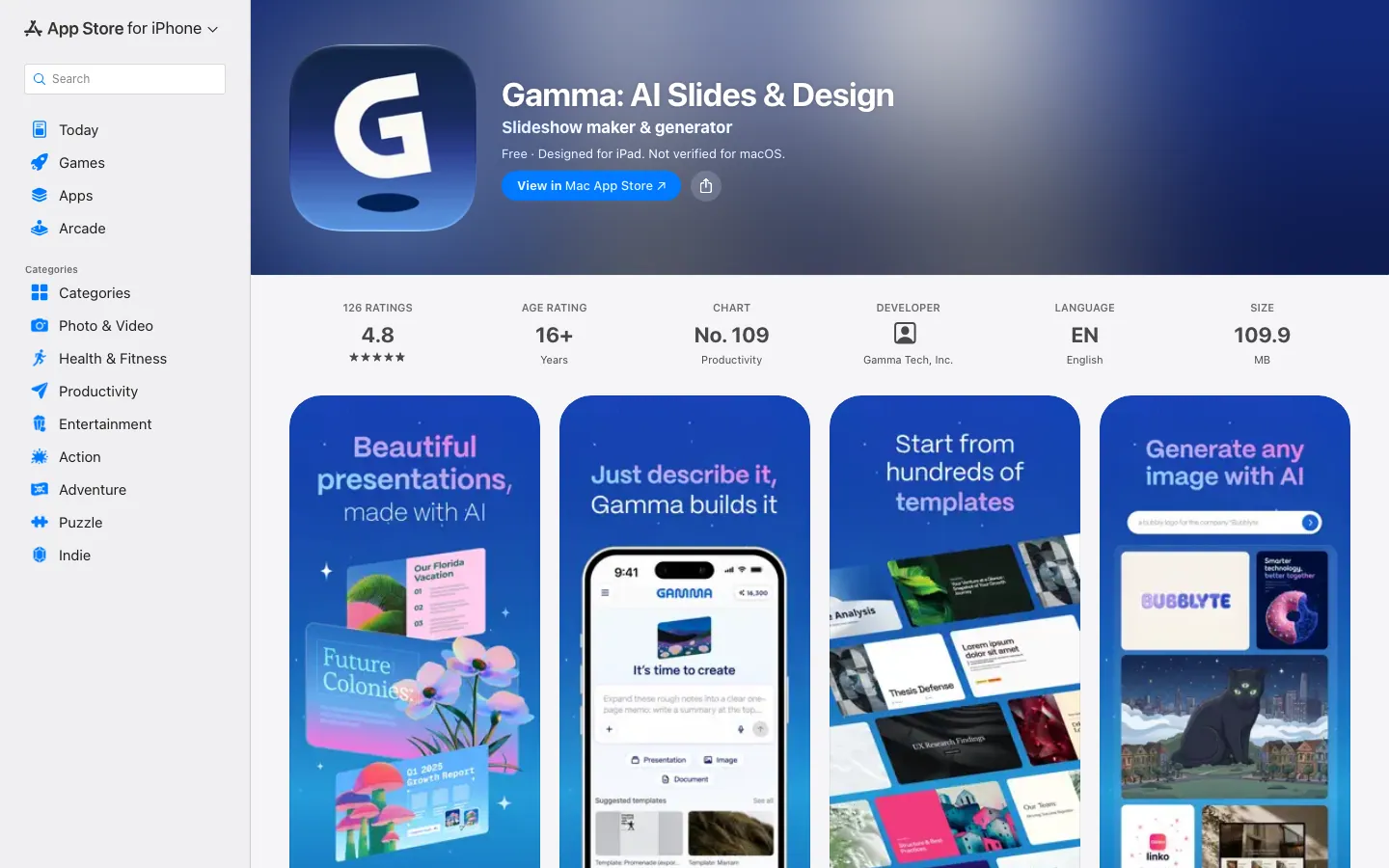Halaman App Store untuk Gamma: AI Slides & Design dari Gamma Tech, Inc., dengan rating 4.8 dari 126 penilaian, usia 16+, peringkat 109 kategori Productivity, bahasa English, dan ukuran 109.9 MB