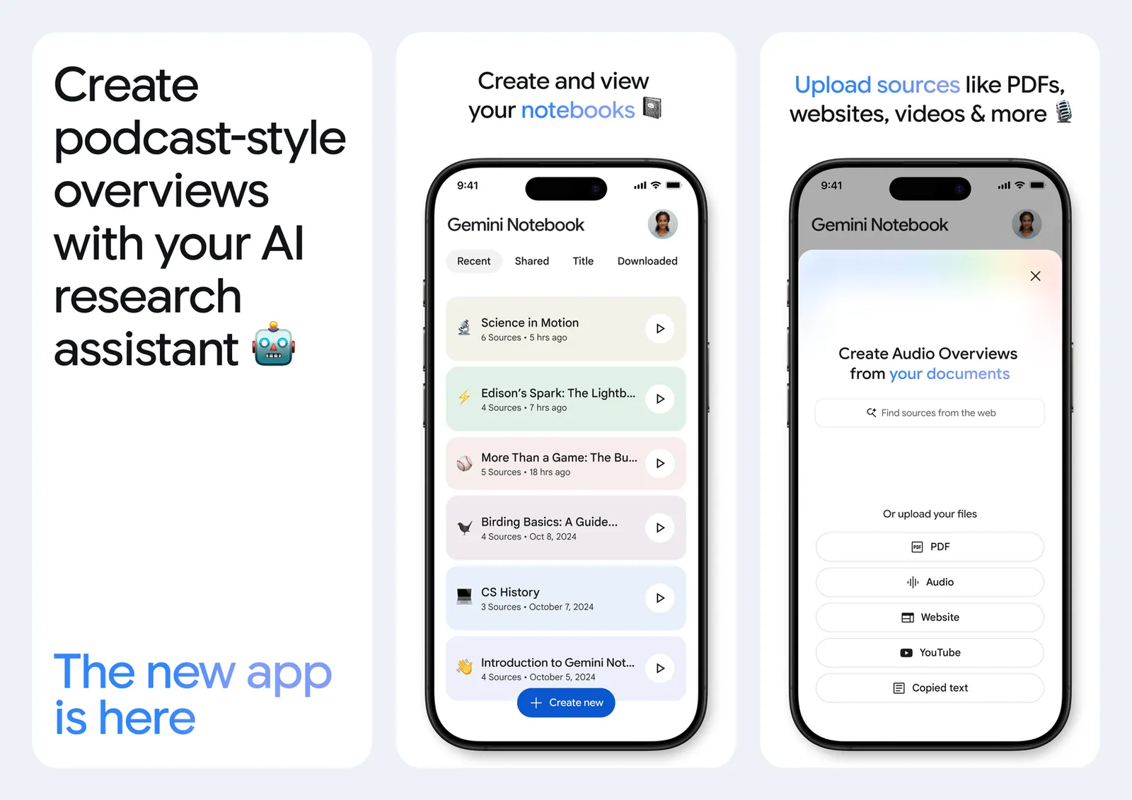 Screenshot resmi aplikasi Gemini Notebook di App Store: daftar notebook dengan tab Recent, Shared, Title, dan Downloaded, tombol Create new, serta layar tambah sumber dengan pilihan PDF, Audio, Website, YouTube, dan Copied text