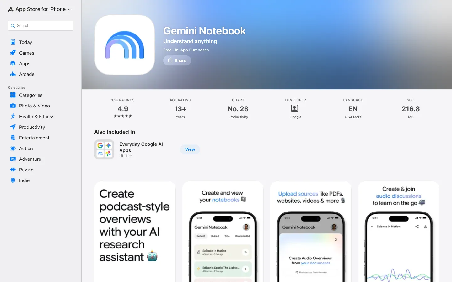 Halaman App Store Indonesia untuk Gemini Notebook: gratis dengan pembelian dalam aplikasi, rating 4,9 dari 1,1 ribu rating, usia 13+, peringkat 28 di kategori Productivity, ukuran 216,8 MB