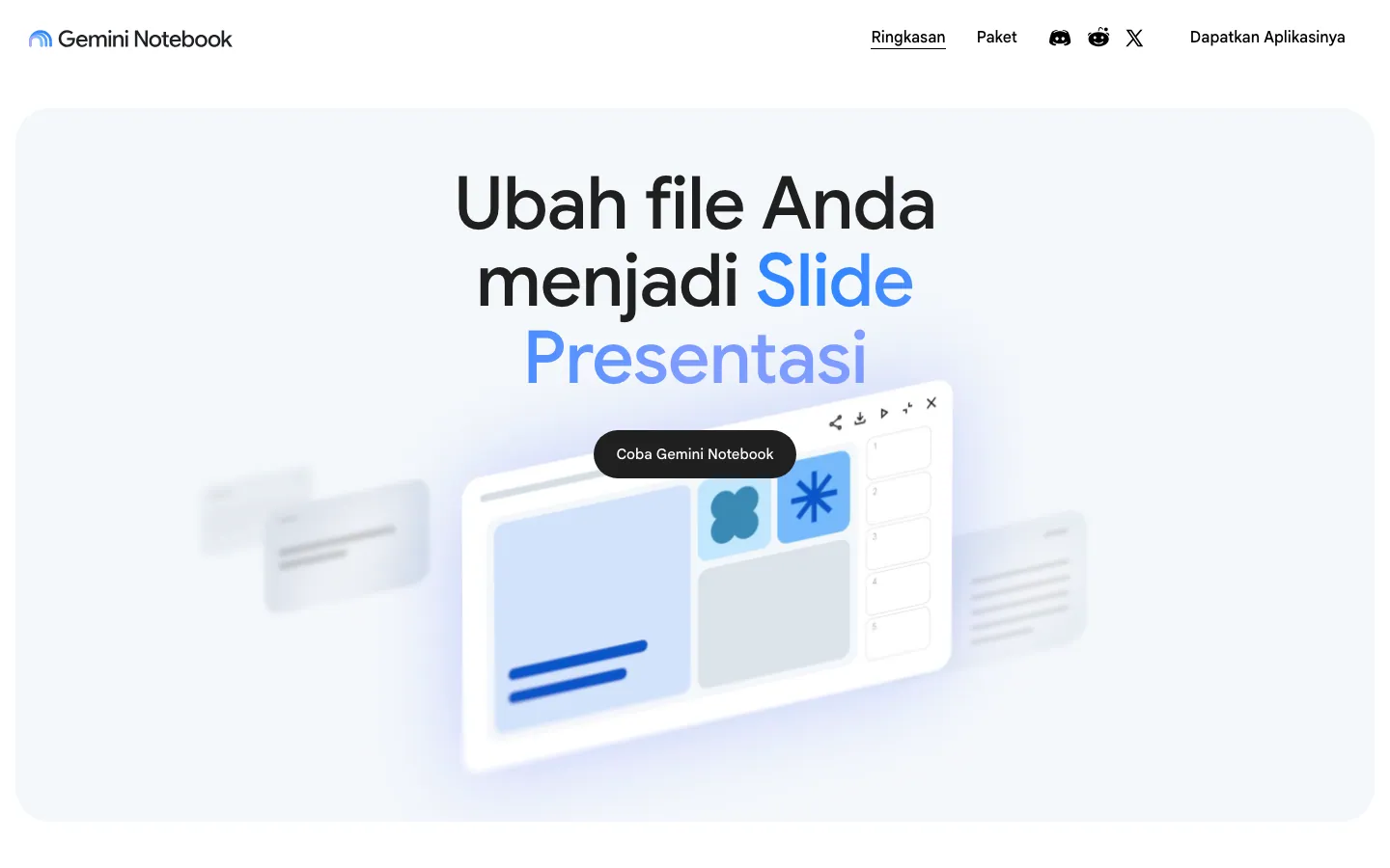 Halaman depan notebook.google versi Indonesia: judul besar tentang mengubah file menjadi slide presentasi, tombol hitam "Coba Gemini Notebook", serta menu Ringkasan, Paket, dan Dapatkan Aplikasinya di kanan atas