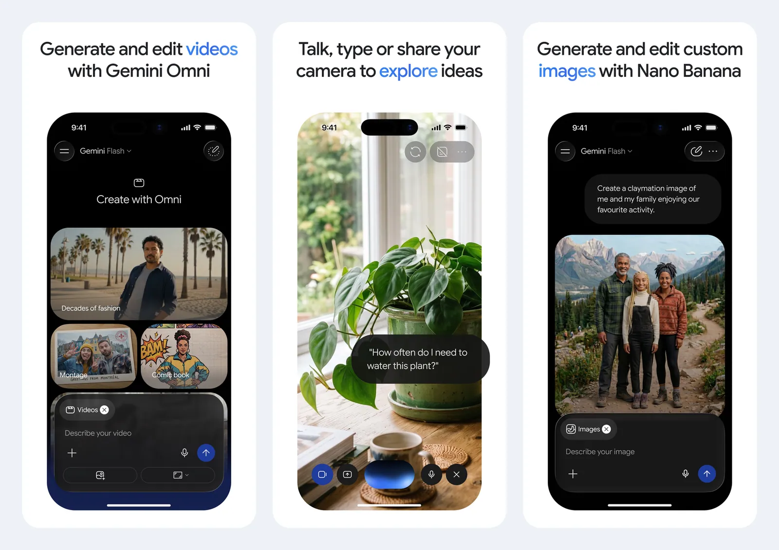 Screenshot resmi aplikasi Gemini di App Store: membuat video dengan Gemini Omni, Gemini Live dengan kamera yang diarahkan ke tanaman, dan membuat gambar dengan Nano Banana