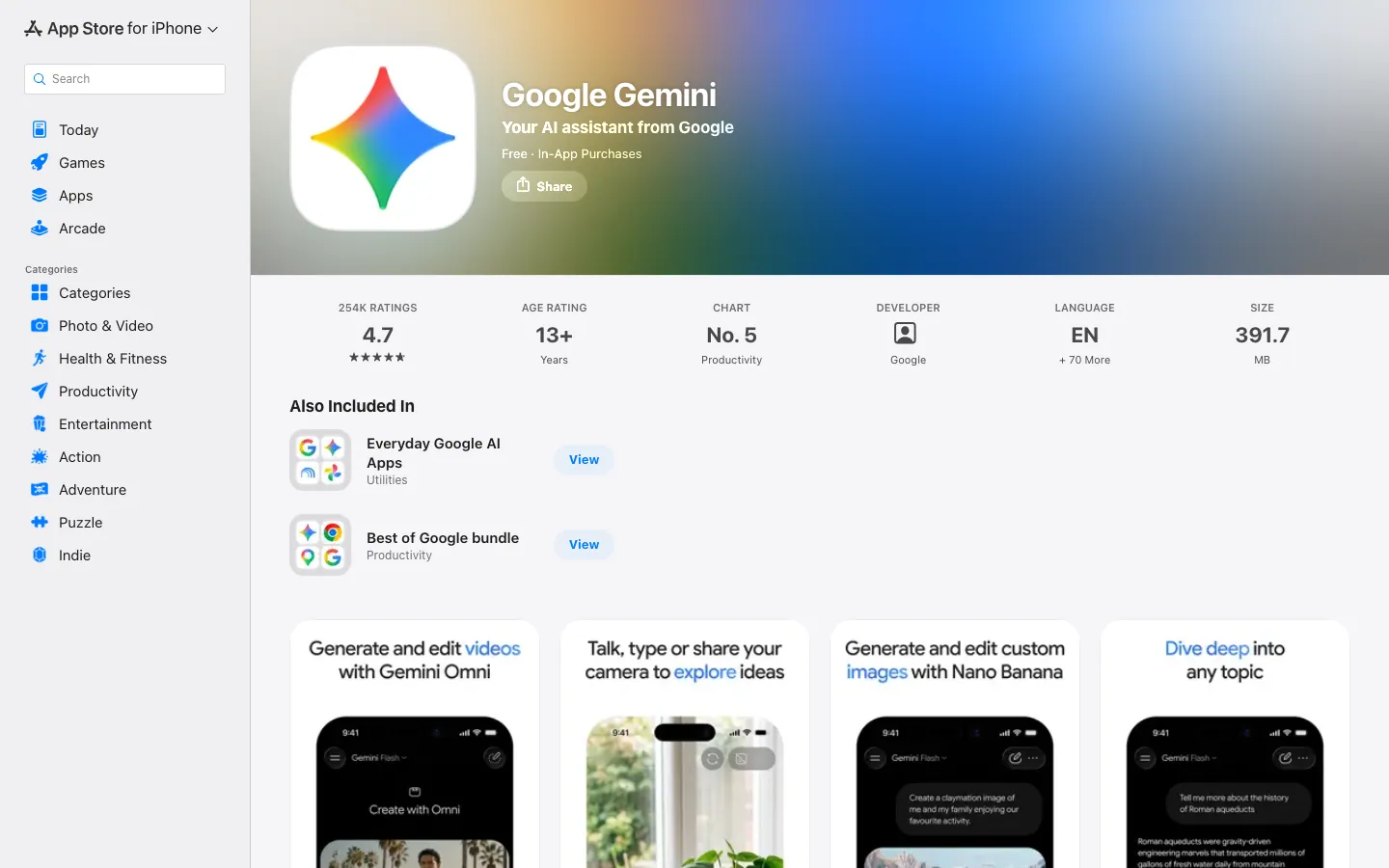 Halaman App Store Indonesia untuk Google Gemini: gratis dengan pembelian dalam aplikasi, rating 4,7 dari 254 ribu penilaian, peringkat 5 Productivity, ukuran 391,7 MB