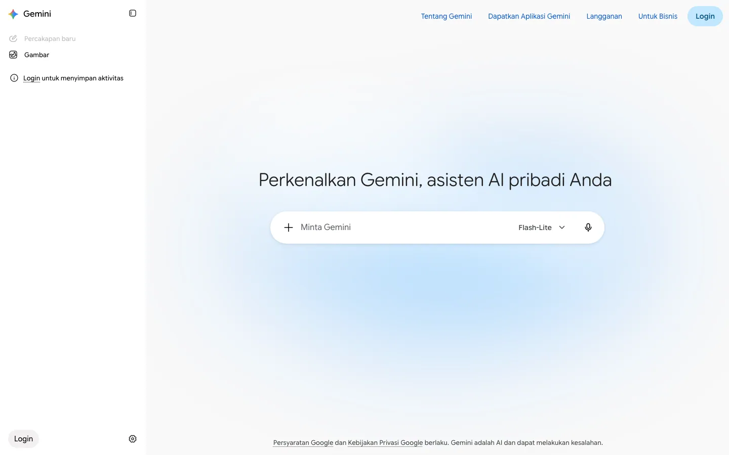 Halaman depan gemini.google.com sebelum login: kotak Minta Gemini dengan pilihan model Flash-Lite dan ikon mikrofon, sidebar berisi Percakapan baru, Gambar, dan ajakan Login untuk menyimpan aktivitas