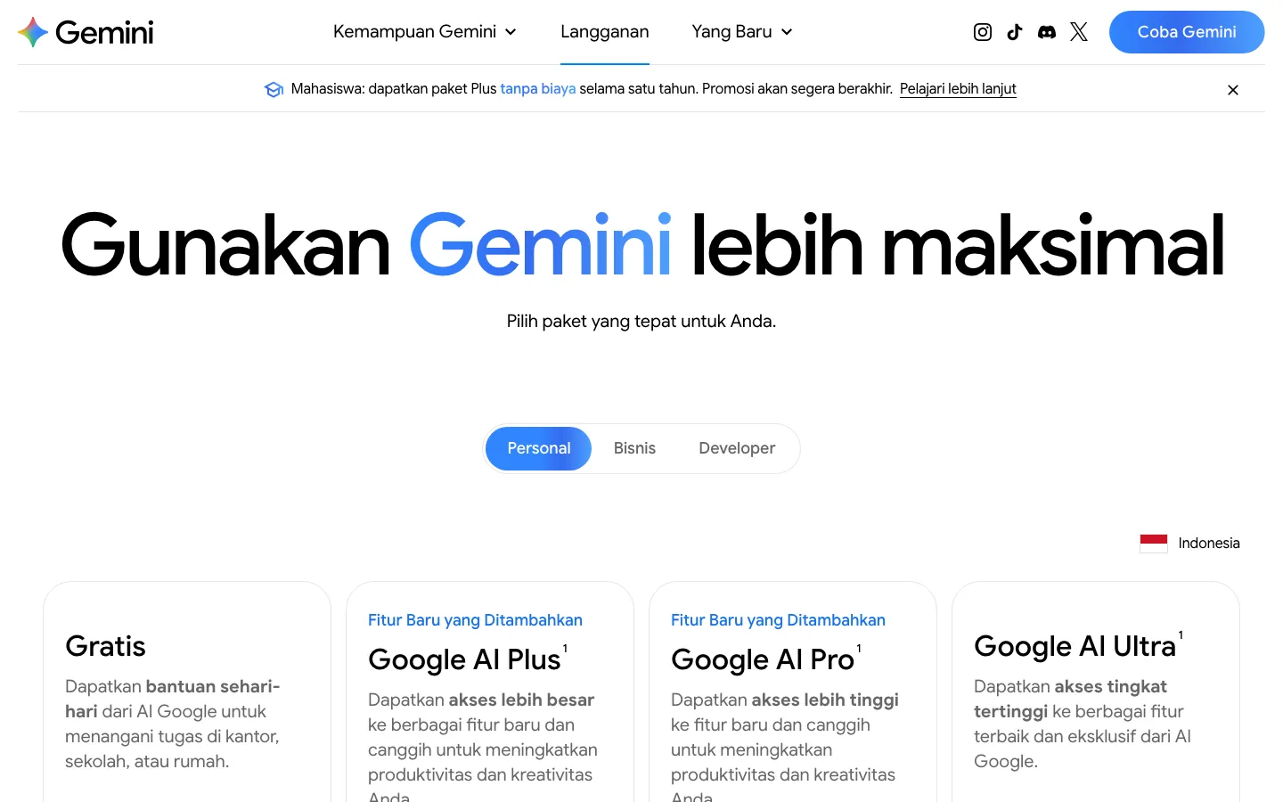 Bagian atas halaman langganan Gemini dengan banner promo mahasiswa yang menawarkan paket Plus tanpa biaya selama satu tahun, serta tab Personal, Bisnis, dan Developer