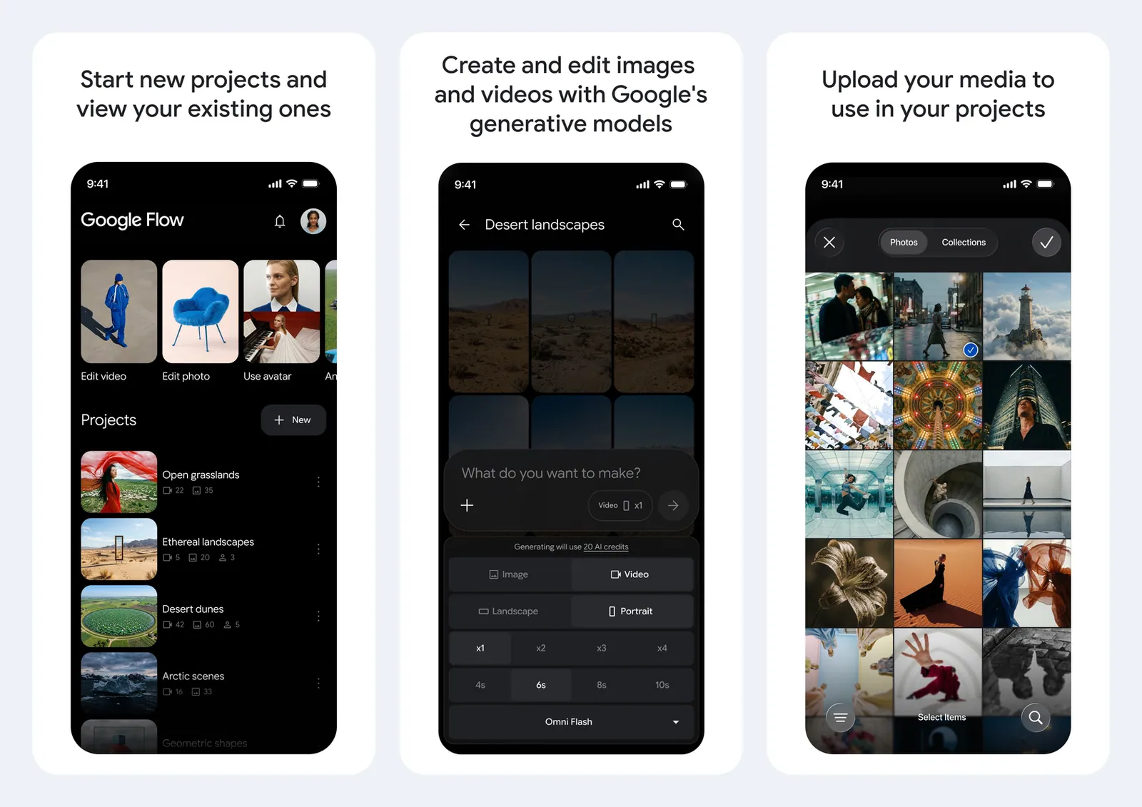 Screenshot resmi aplikasi Google Flow di App Store: layar beranda dengan pintasan Edit video, Edit photo, dan Use avatar serta daftar Projects, layar kotak perintah What do you want to make dengan pilihan Video, Portrait, durasi 4 sampai 10 detik, model Omni Flash, dan keterangan pemakaian 20 AI credits, serta layar unggah media dari galeri