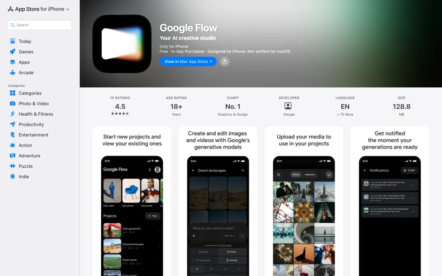 Halaman App Store Indonesia untuk Google Flow: rating 4,5 dari 10 rating, batas usia 18+, peringkat No. 1 kategori Graphics and Design, bahasa EN plus 75 lainnya, ukuran 128,8 MB