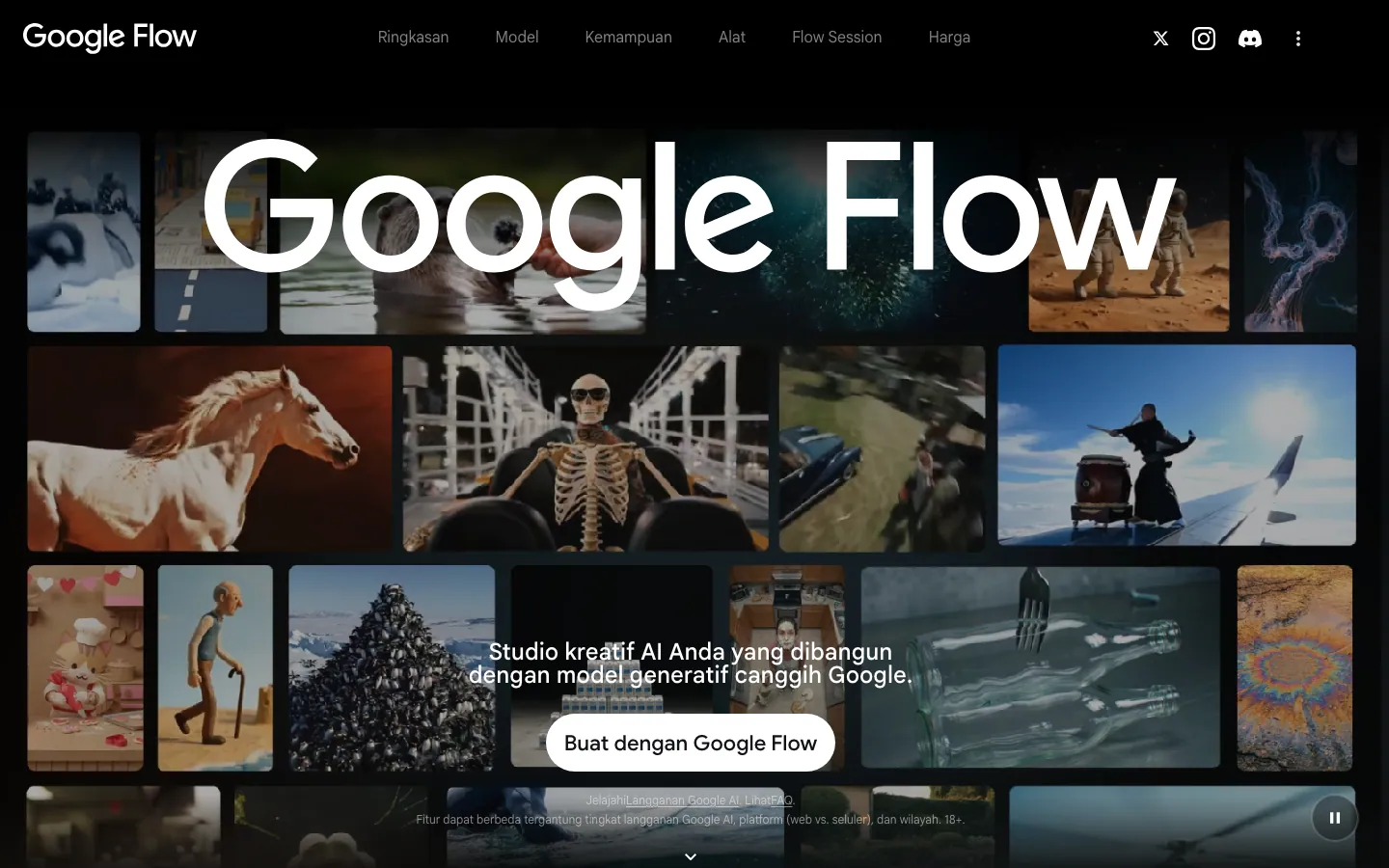 Halaman depan Google Flow di flow.google.com/about: latar hitam dengan tulisan besar Google Flow di atas kolase klip buatan AI, menu Ringkasan, Model, Kemampuan, Alat, Flow Session, dan Harga, serta tombol Buat dengan Google Flow