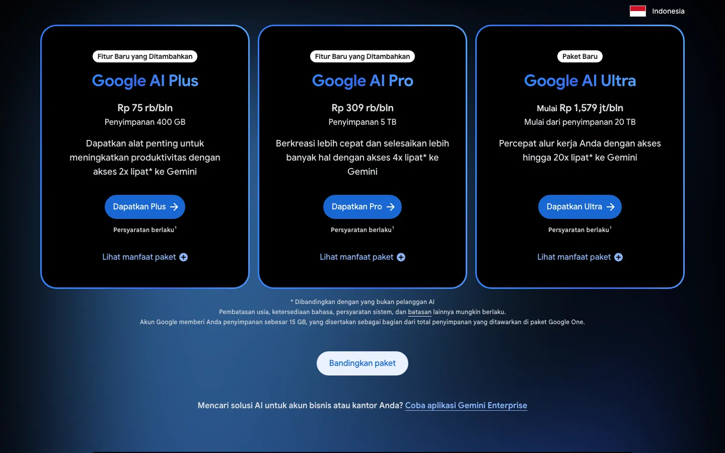 Halaman paket Google AI di Google One Indonesia: tiga kartu paket, yaitu Google AI Plus Rp 75 rb/bln dengan penyimpanan 400 GB, Google AI Pro Rp 309 rb/bln dengan 5 TB, dan Google AI Ultra mulai Rp 1,579 jt/bln dengan 20 TB