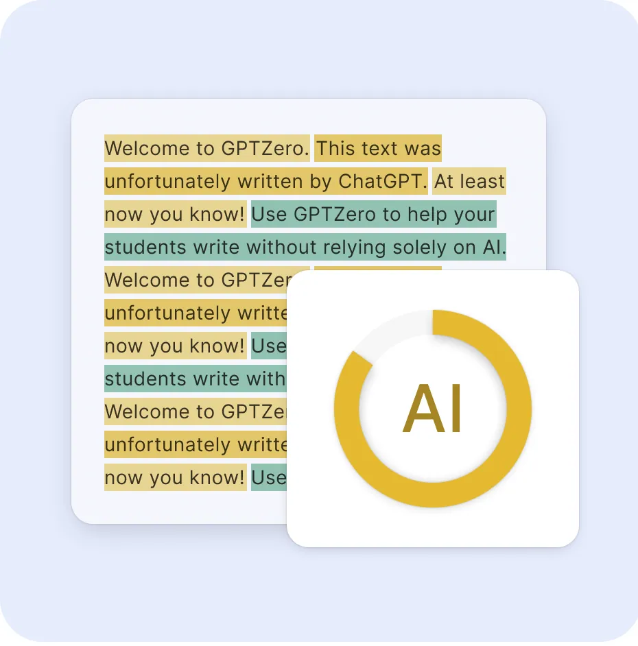 Gambar resmi GPTZero: paragraf contoh dengan sorotan dua warna per kalimat untuk membedakan bagian yang diduga AI dan buatan manusia, plus lingkaran hasil bertuliskan AI