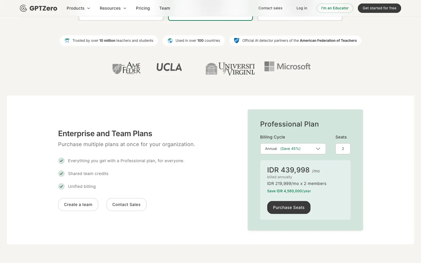 Bagian Enterprise and Team Plans di halaman harga GPTZero: kalkulator Professional Plan dengan siklus tagihan Annual, 2 kursi, total IDR 439,998 per bulan dan keterangan hemat IDR 4,560,000 per tahun