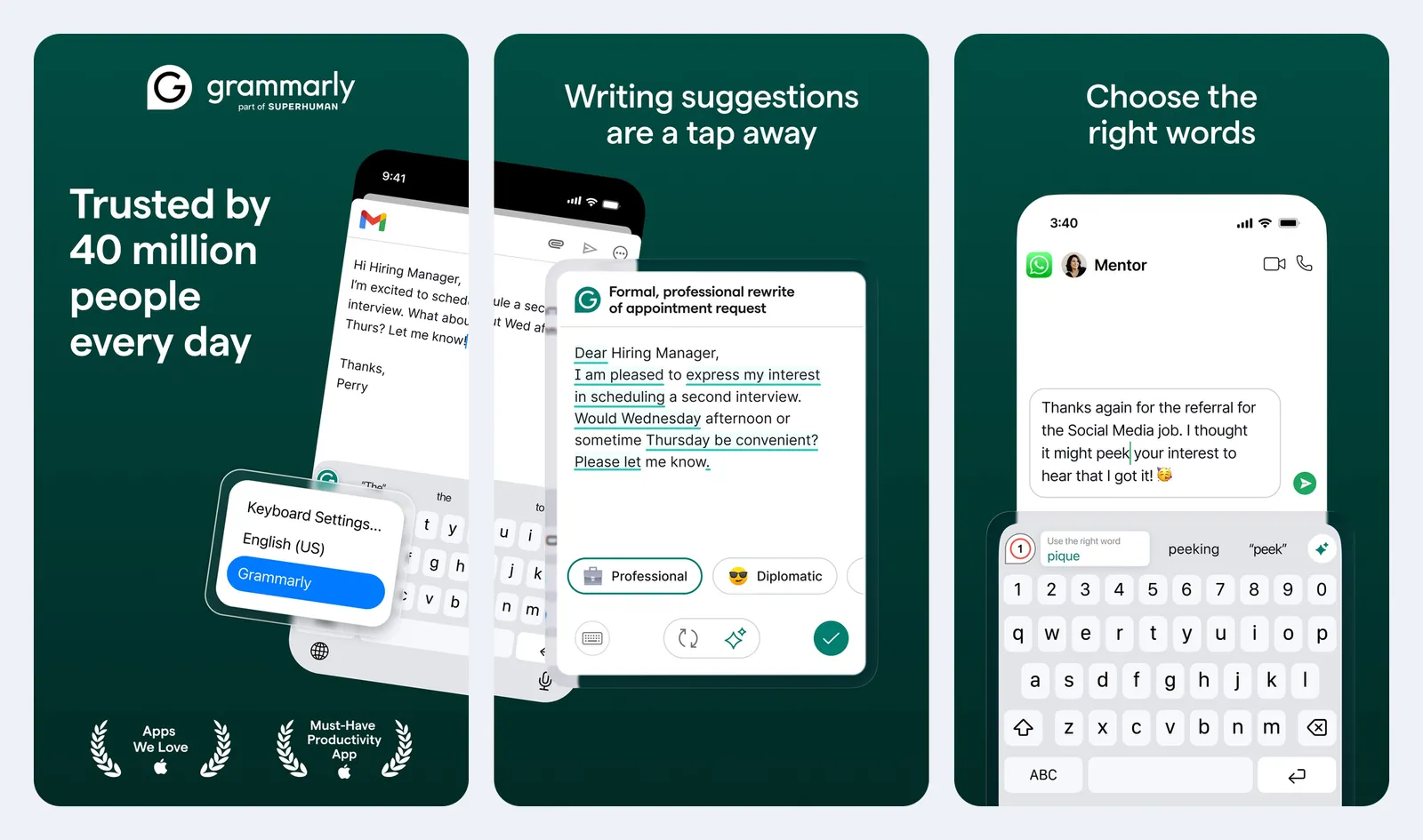 Screenshot resmi aplikasi Grammarly di App Store: keyboard Grammarly dipilih di pengaturan keyboard iPhone, panel Formal professional rewrite untuk email ke hiring manager dengan pilihan Professional dan Diplomatic, serta saran kata pique di atas keyboard saat mengetik di WhatsApp