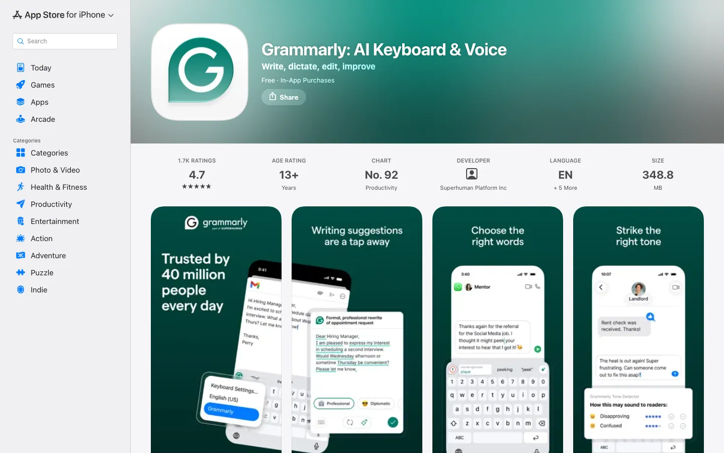 Halaman App Store Indonesia untuk Grammarly: AI Keyboard and Voice, gratis dengan pembelian dalam aplikasi, rating 4,7 dari 1,7 ribu penilaian, peringkat 92 kategori Productivity, ukuran 348,8 MB