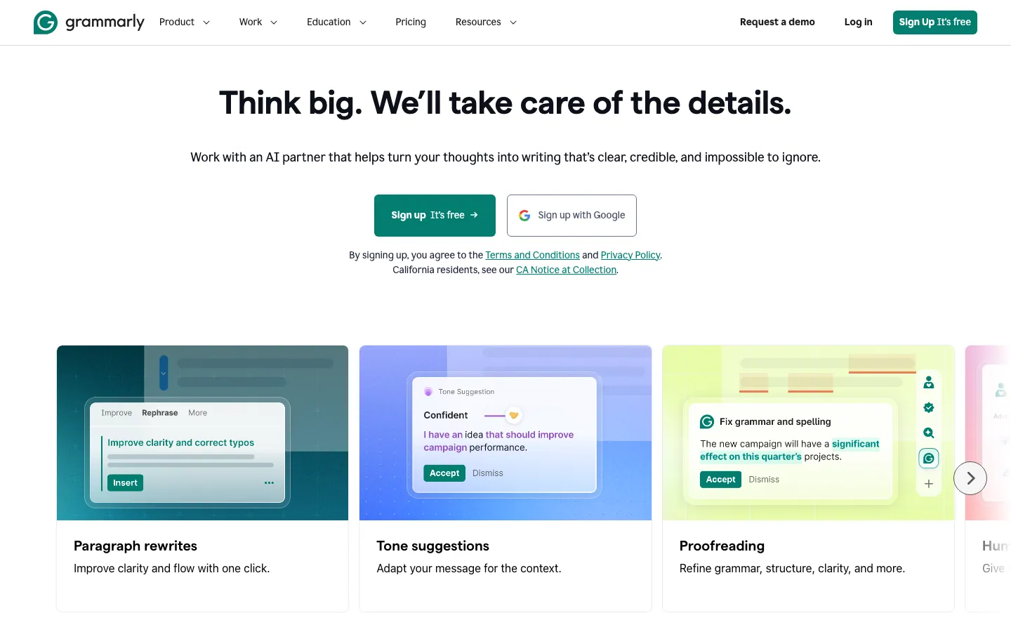 Halaman depan grammarly.com: judul Think big, We'll take care of the details, tombol Sign up It's free dan Sign up with Google, serta kartu fitur Paragraph rewrites, Tone suggestions, dan Proofreading