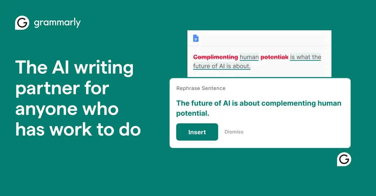 Gambar resmi Grammarly: kalimat di Google Docs dengan kata salah eja dicoret merah, lalu kotak saran Rephrase Sentence menawarkan versi kalimat yang lebih rapi dengan tombol Insert dan Dismiss