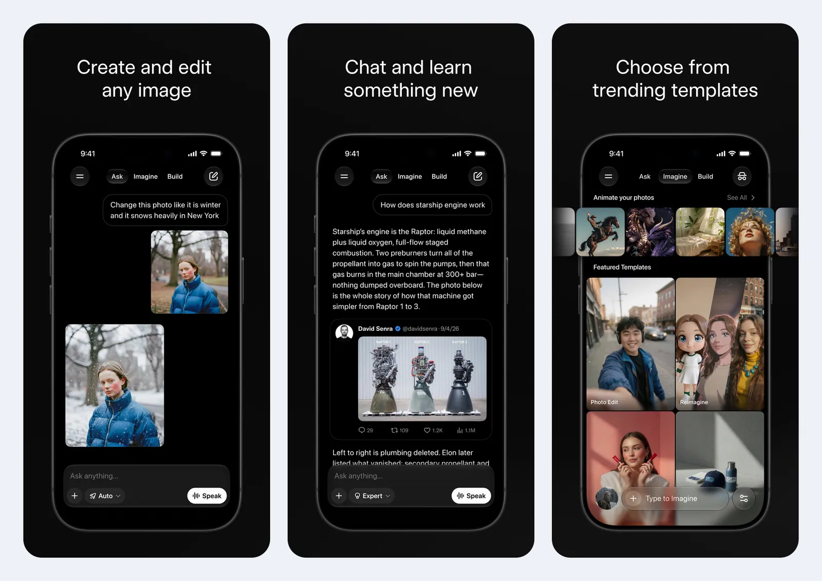 Tiga screenshot resmi aplikasi Grok di App Store: mengedit foto jadi suasana bersalju, jawaban chat tentang mesin roket yang menyertakan kartu postingan X, dan tab Imagine berisi template seperti Animate your photos, Photo Edit, dan Reimagine