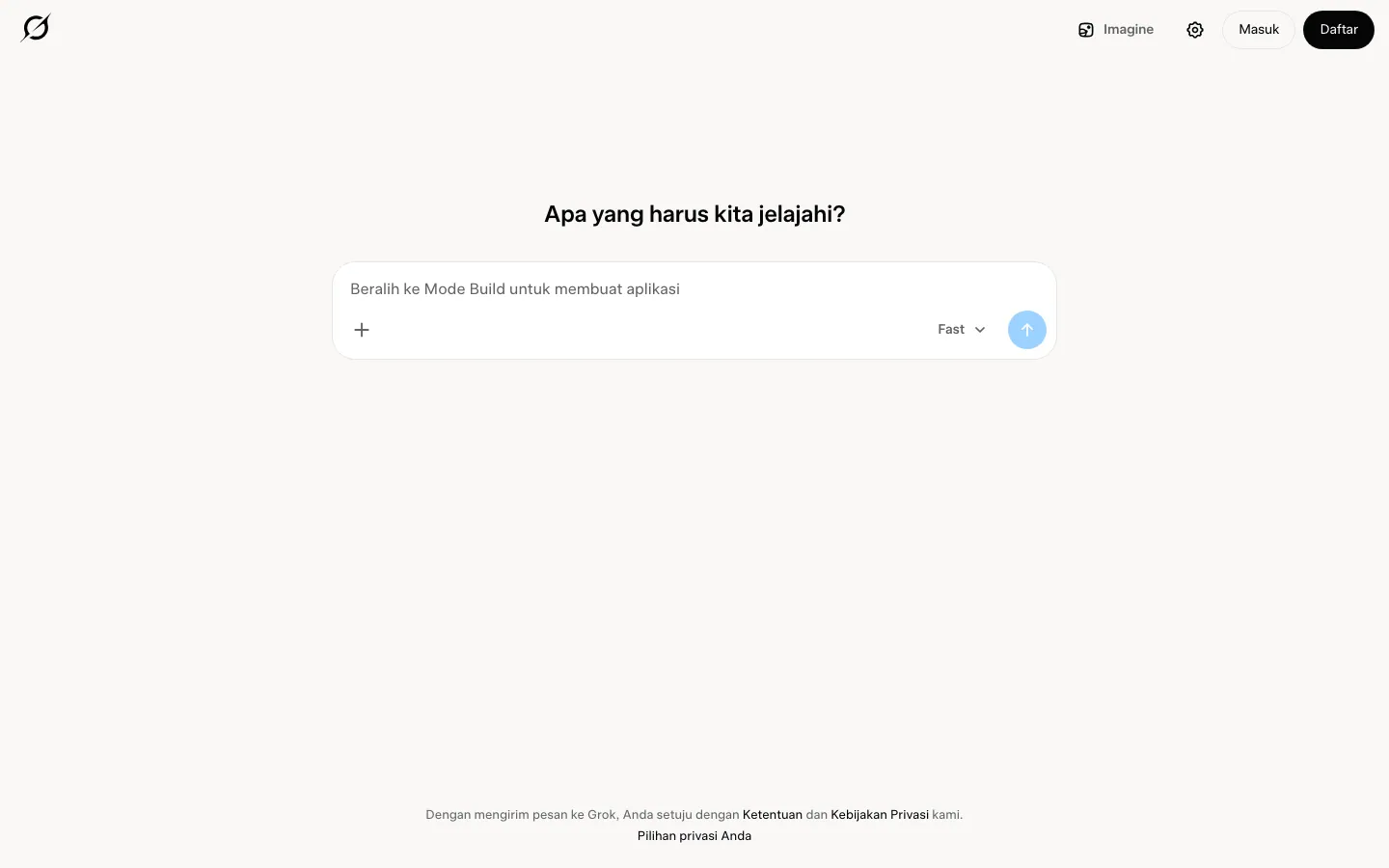 Halaman depan grok.com versi bahasa Indonesia saat belum masuk akun: sapaan "Apa yang harus kita jelajahi?", kotak chat dengan pilihan mode Fast, serta tombol Imagine, Masuk, dan Daftar di pojok kanan atas