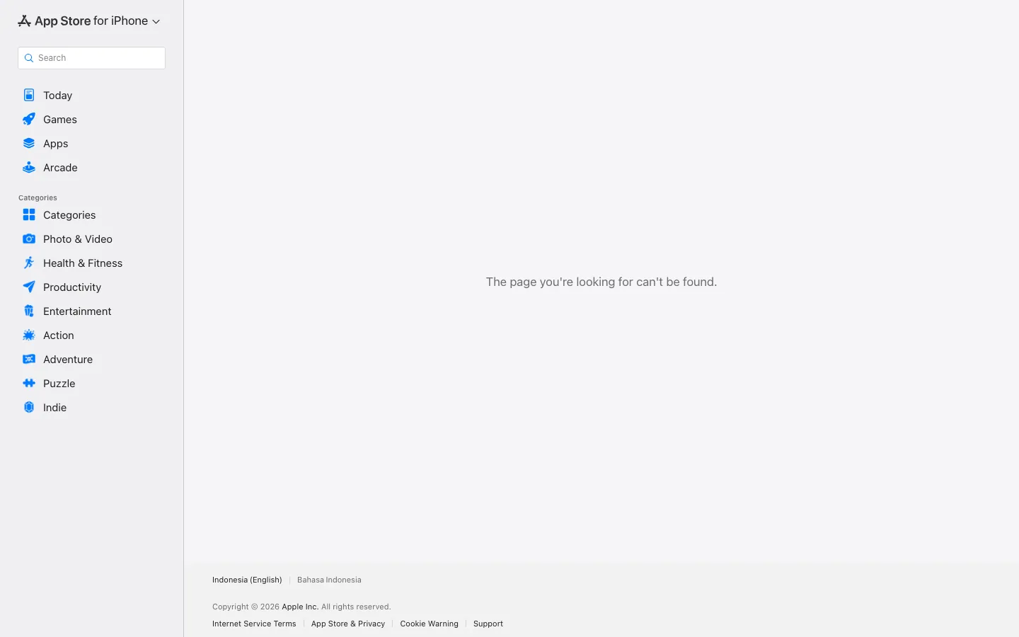 Halaman App Store Indonesia untuk aplikasi Hailuo Video menampilkan pesan "The page you're looking for can't be found" saat dibuka 10 Oktober 2026, tanda aplikasi iOS-nya tidak lagi tersedia