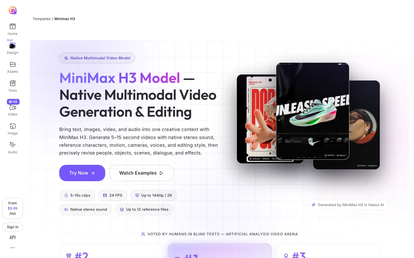 Halaman resmi model MiniMax H3 di hailuoai.video: video 5 sampai 15 detik, 24 FPS, resolusi hingga 1440p/2K, suara stereo bawaan, dan hingga 12 file referensi, dengan tombol Try Now dan Watch Examples