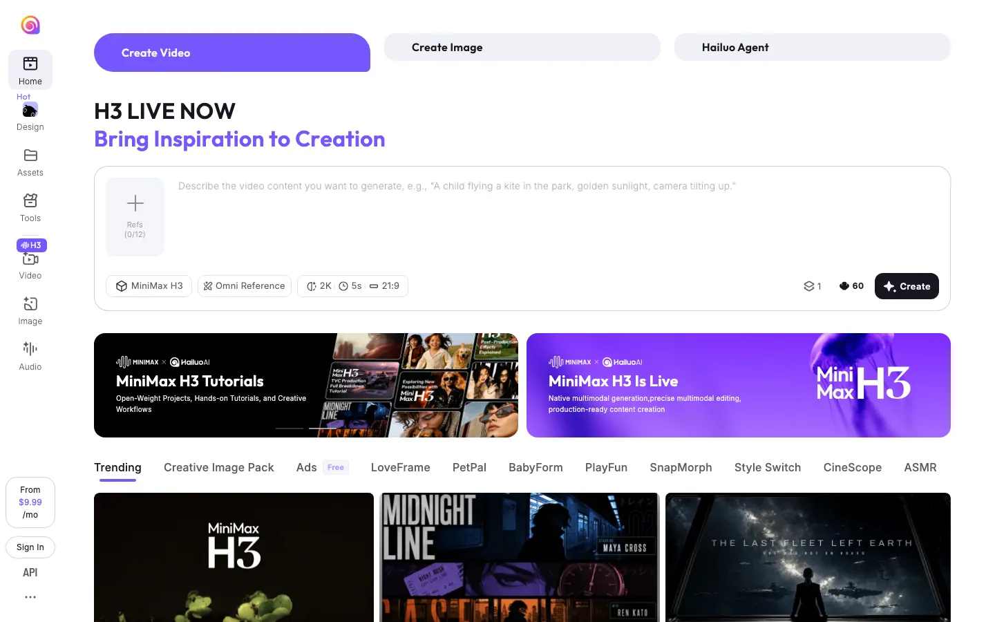 Halaman depan hailuoai.video tanpa login: tab Create Video, Create Image, dan Hailuo Agent di atas, kotak prompt dengan slot Refs (0/12), tombol Create dengan biaya 60 kredit, sidebar kiri berisi Home, Design, Assets, Tools, Video, Image, dan Audio