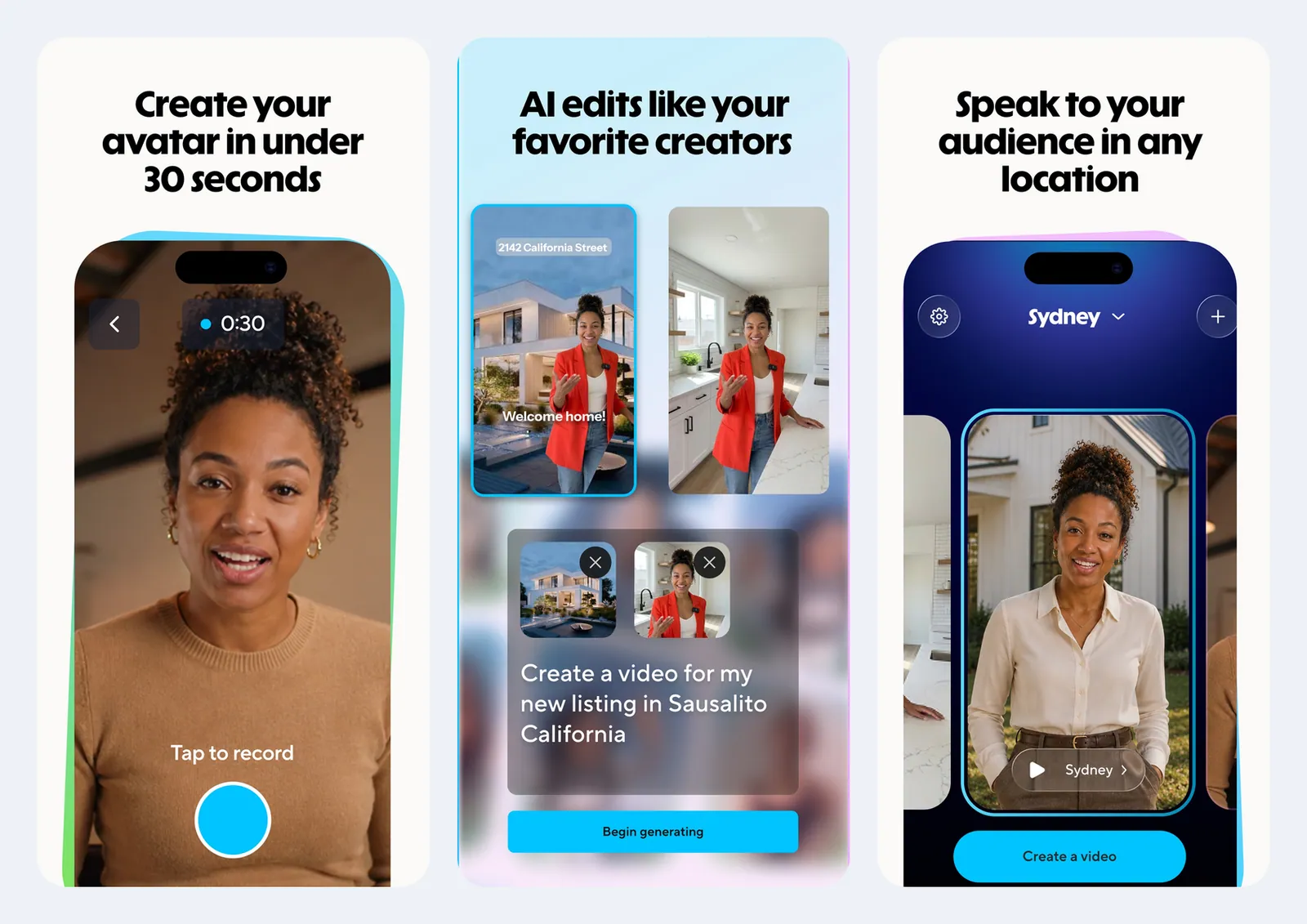 Tiga screenshot resmi aplikasi HeyGen di App Store: merekam avatar dalam 30 detik dengan tombol Tap to record, menyusun video dari perintah teks dengan tombol Begin generating, dan memilih avatar sebelum menekan Create a video