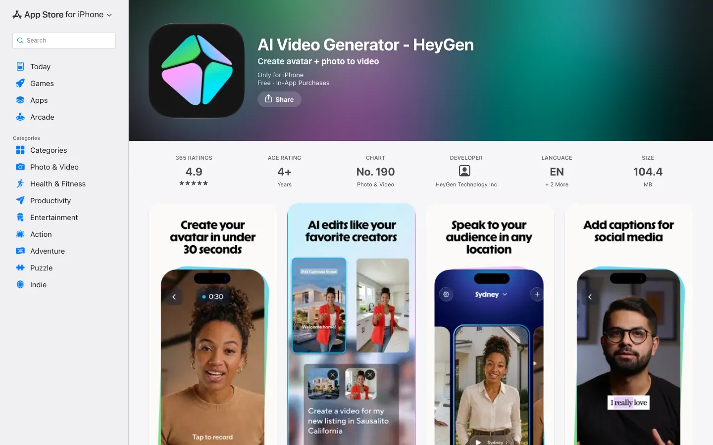Halaman App Store Indonesia untuk aplikasi AI Video Generator - HeyGen: rating 4,9 dari 365 penilaian, peringkat No. 190 kategori Photo & Video, ukuran 104,4 MB, dan contoh layar fitur avatar serta teks otomatis