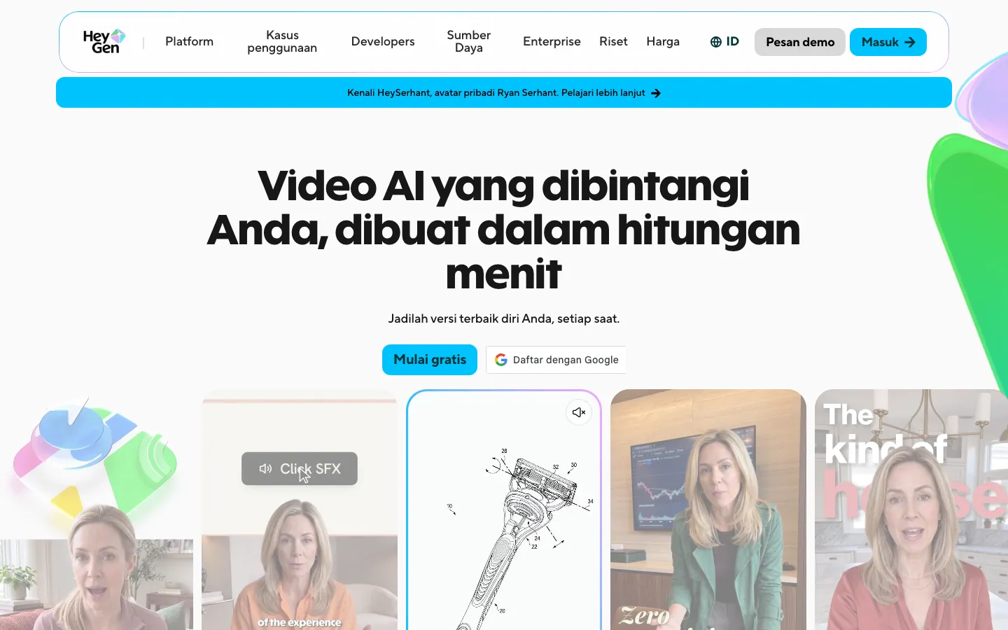 Halaman depan HeyGen versi Indonesia dengan judul besar yang menjanjikan video AI berwajah pengguna dalam hitungan menit, tombol Mulai gratis dan Daftar dengan Google, serta deretan contoh video avatar di bagian bawah