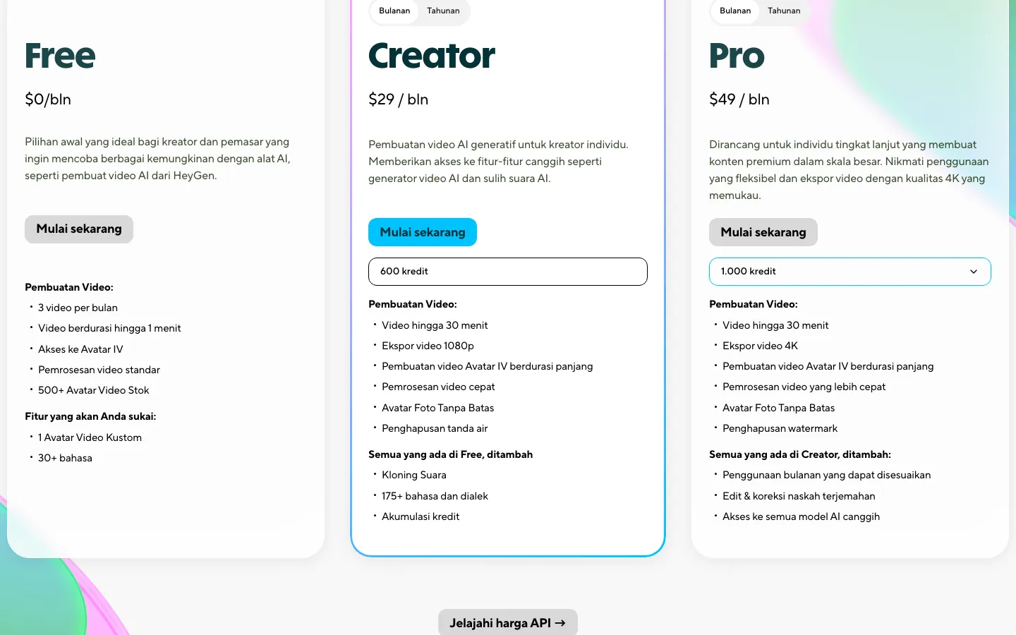 Kartu paket di halaman harga resmi HeyGen versi Indonesia: Free $0/bln dengan 3 video per bulan, Creator $29/bln dengan 600 kredit, dan Pro $49/bln dengan 1.000 kredit dan ekspor 4K